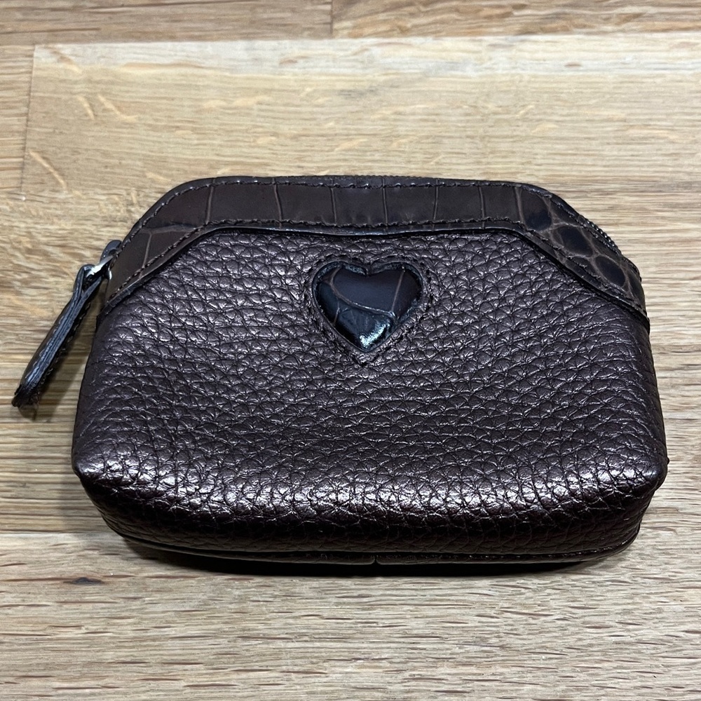 Brighton Bronze w/ Brown Croc Embossed Leather Trim & Heart Zip Top Coin Wallet